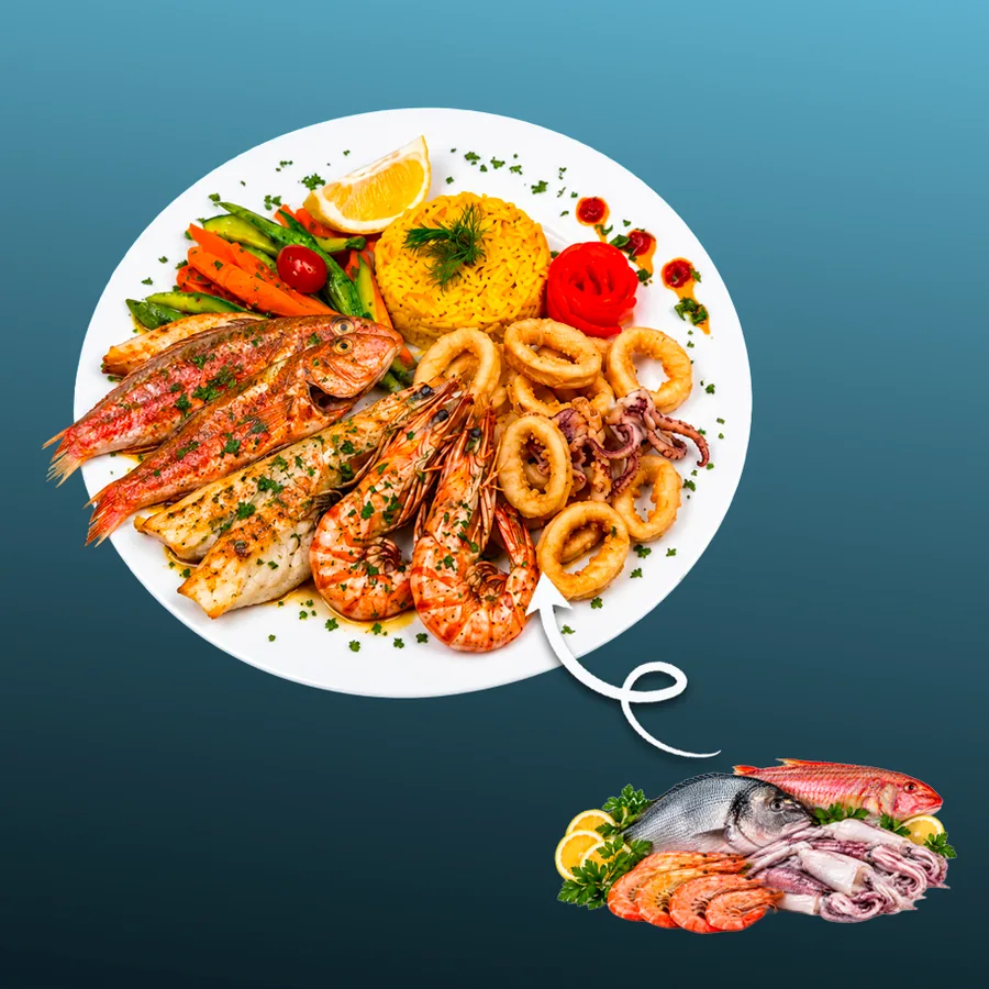 L'Assiette Découverte — 100 g rouget ou merlan, 80 g calamar, 60 g crevettes royales · Sphère Restaurant by Léa, Kouba, Alger