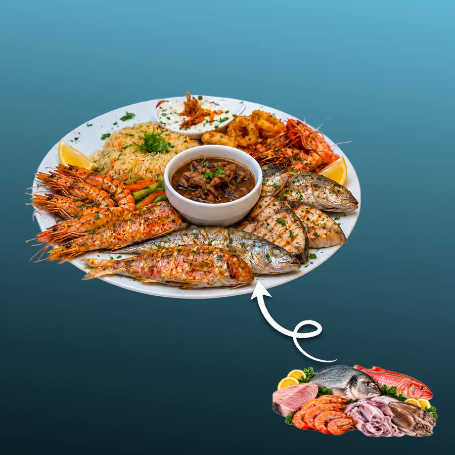 Le Grand Plateau Royal — 2 poissons (800 g brut), 400 g rougets ou merlan, 200 g espadon, 200 g calamar, 250 g crevettes · Sphère Restaurant by Léa, Kouba, Alger