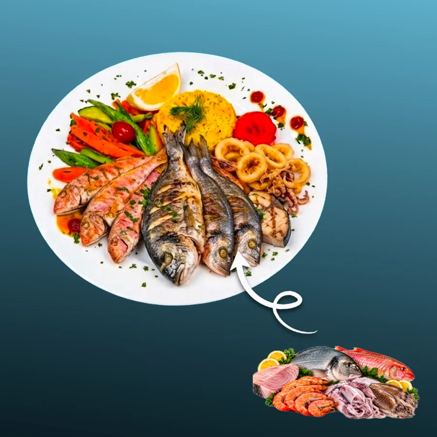 Le Trio Gourmand — 1 dorade, 1 loup de mer, 300 g rouget ou merlan, 150 g calamar, 180 g crevettes · Sphère Restaurant by Léa, Kouba, Alger